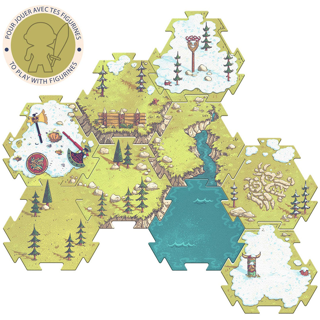Bovenaanzicht van de Djeco Arty Toys vloerpuzzel met een landschap van water, bomen en sneeuw.