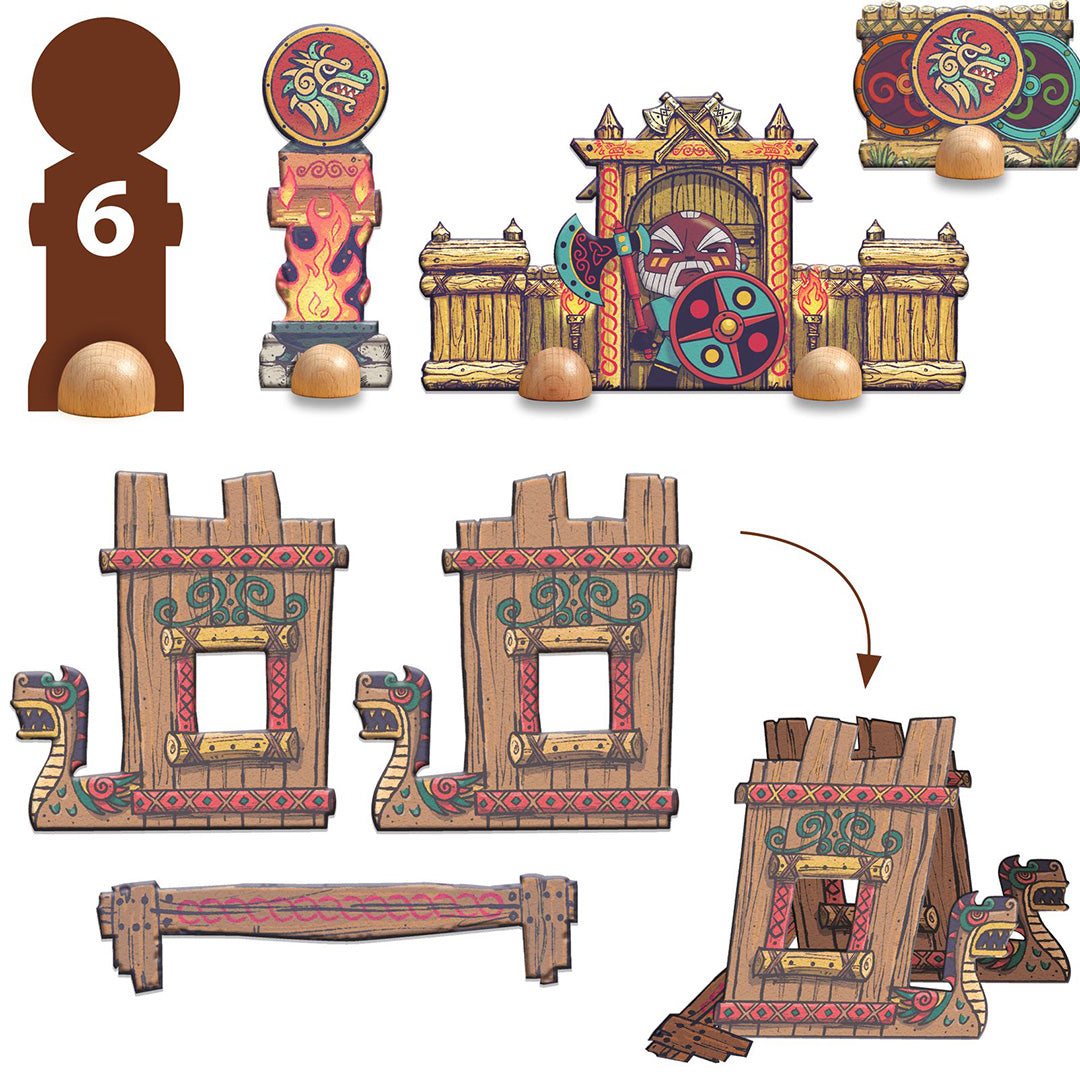 Diverse kartonnen bouwwerken en figuren, waaronder een poort, toren en langschip, voor de Djeco Arty Toys vloerpuzzel.