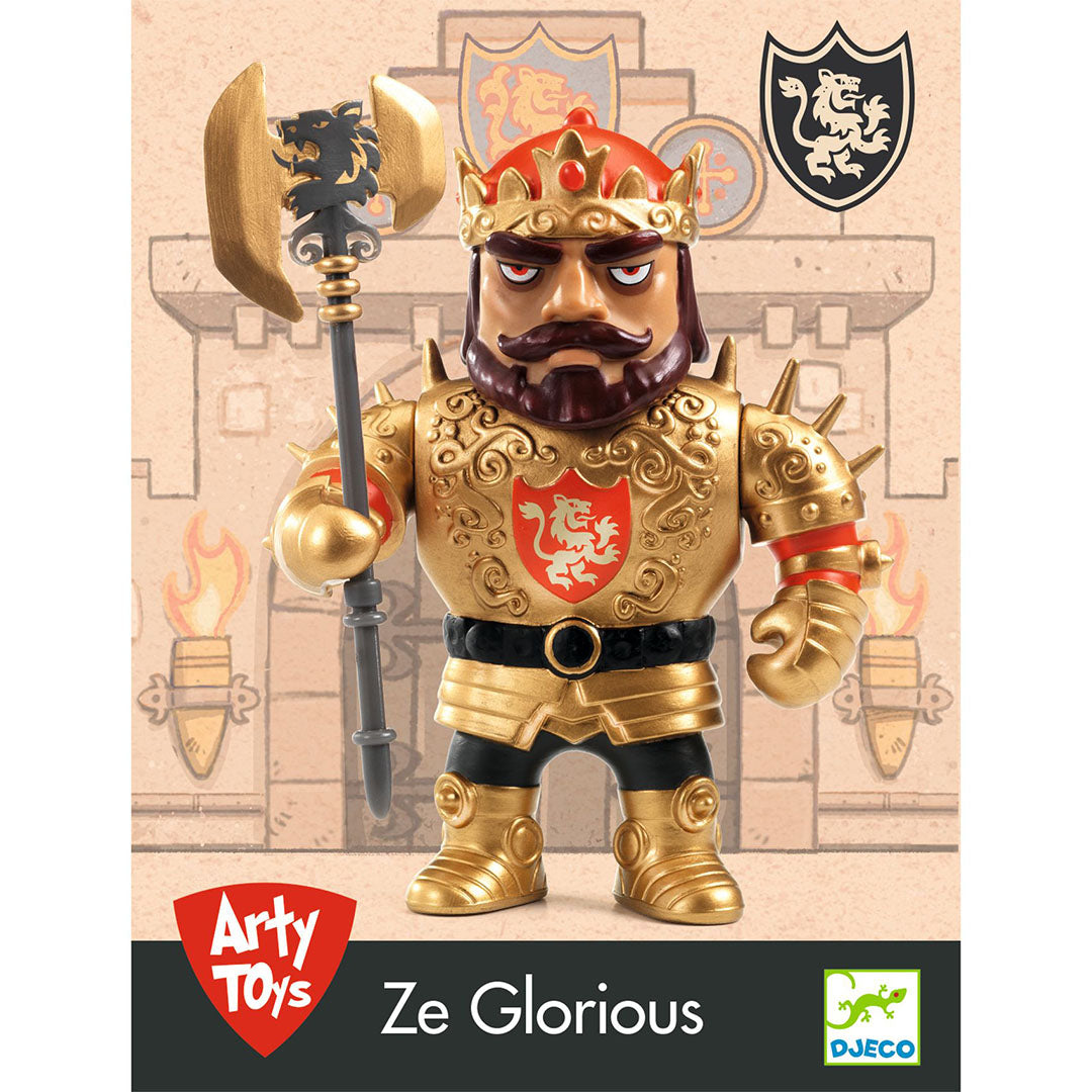 Djeco Arty Toys actiefiguur van een gouden koning met bijl voor een kasteelachtergrond.