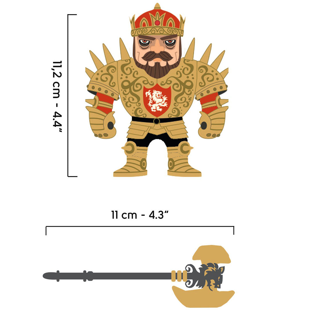 Infographic met de afmetingen van het Djeco Arty Toys actiefiguur en zijn bijl.