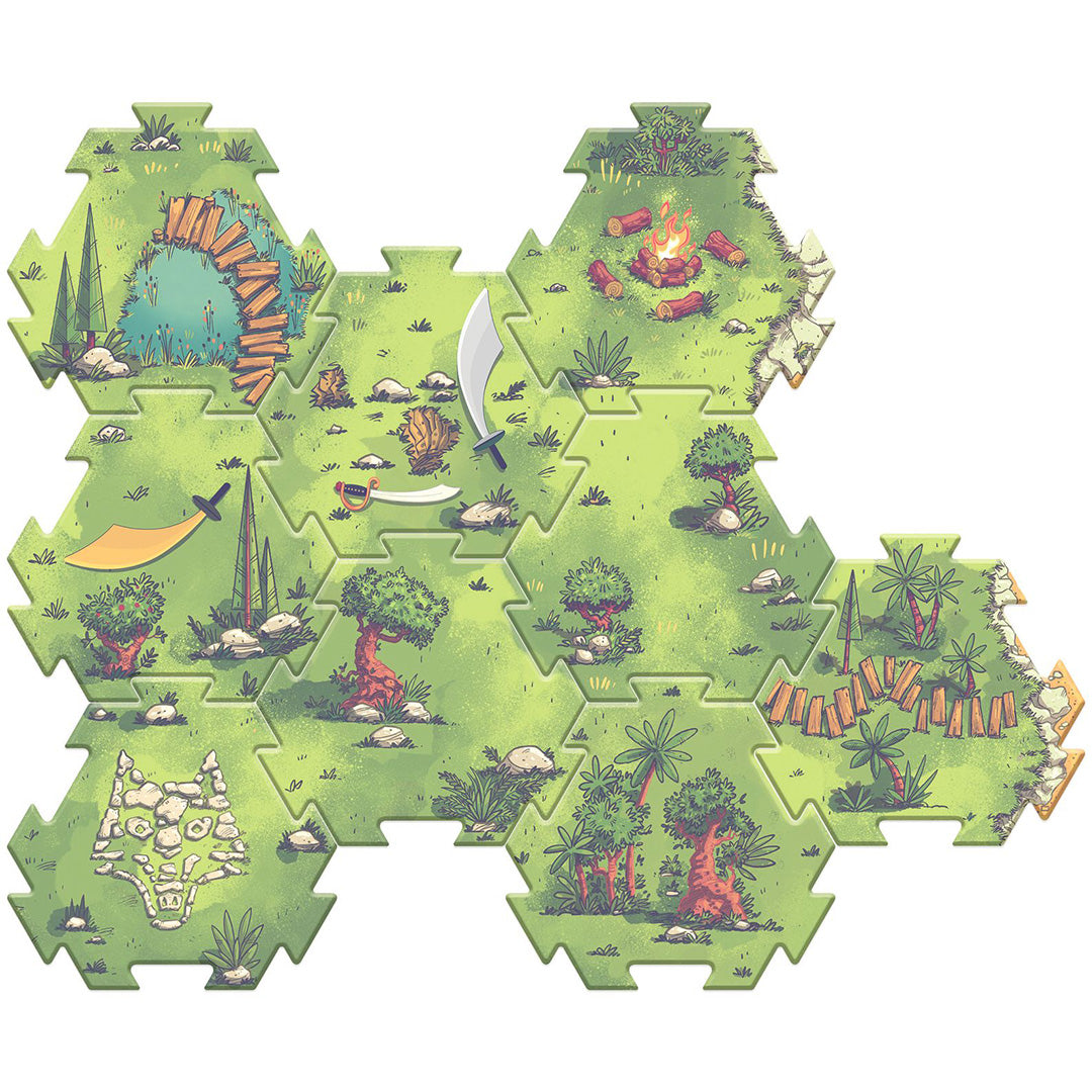 De complete groene Djeco Arty Toys vloerpuzzelmat met jungle- en fantasie-elementen, van bovenaf gezien.