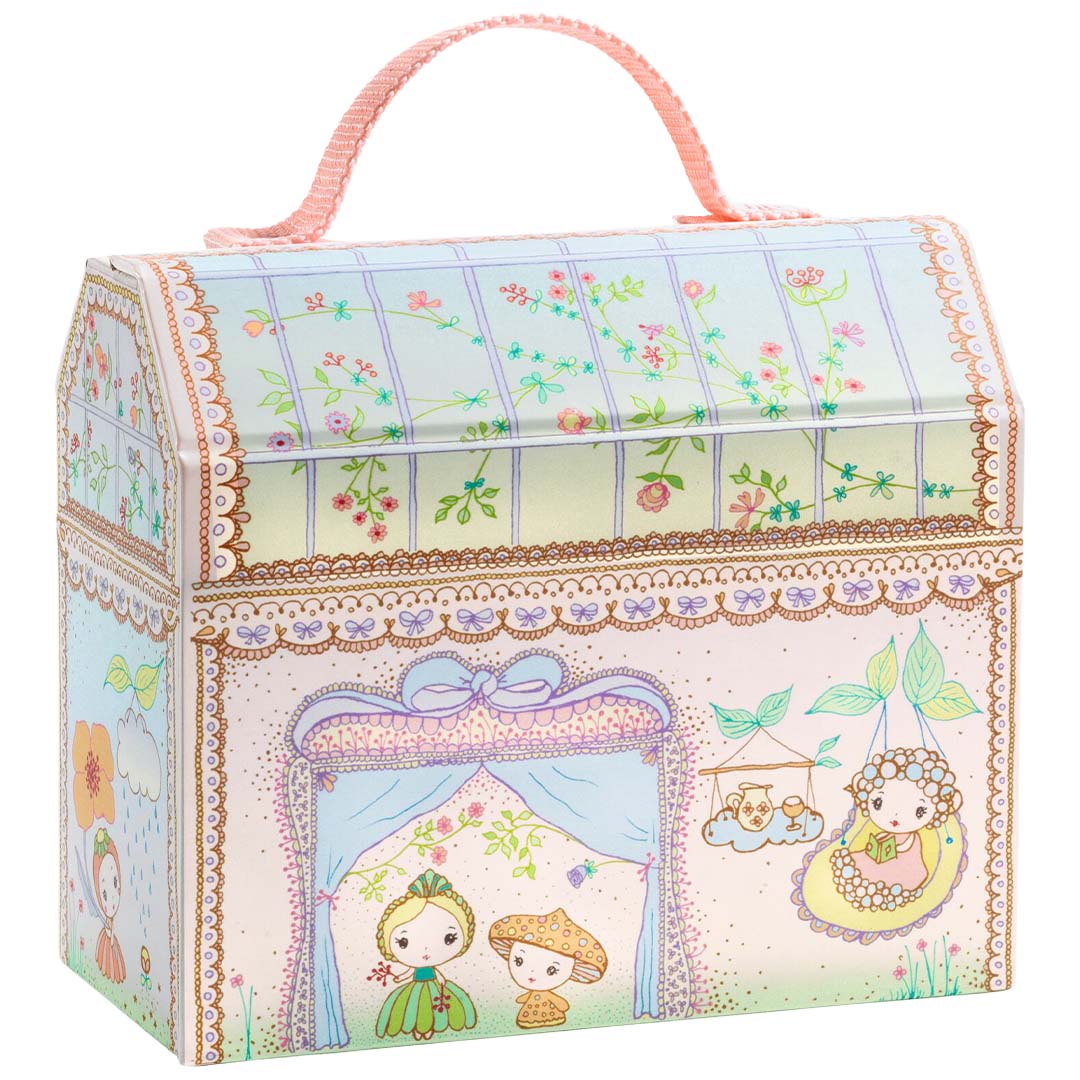 Djeco Tinyly poppenhuis speelset in de vorm van een gesloten kas met bloemenpatroon en figuren.
