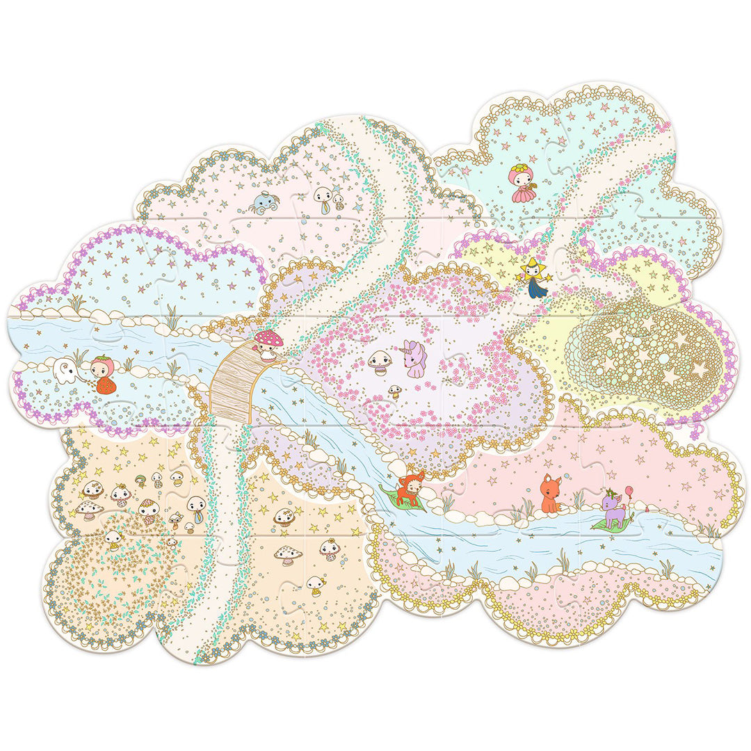 De complete Djeco Tinyly Puzzl'Up Lily vloerpuzzel toont een kleurrijk sprookjeslandschap met paden en rivieren.