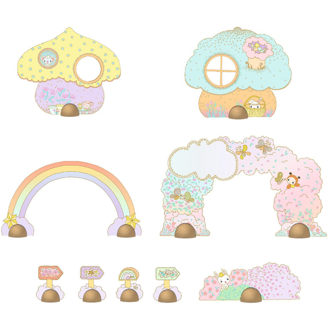 Alle losse kartonnen en houten accessoires van de Djeco Tinyly vloerpuzzel, waaronder huisjes, bogen en wegwijzers.