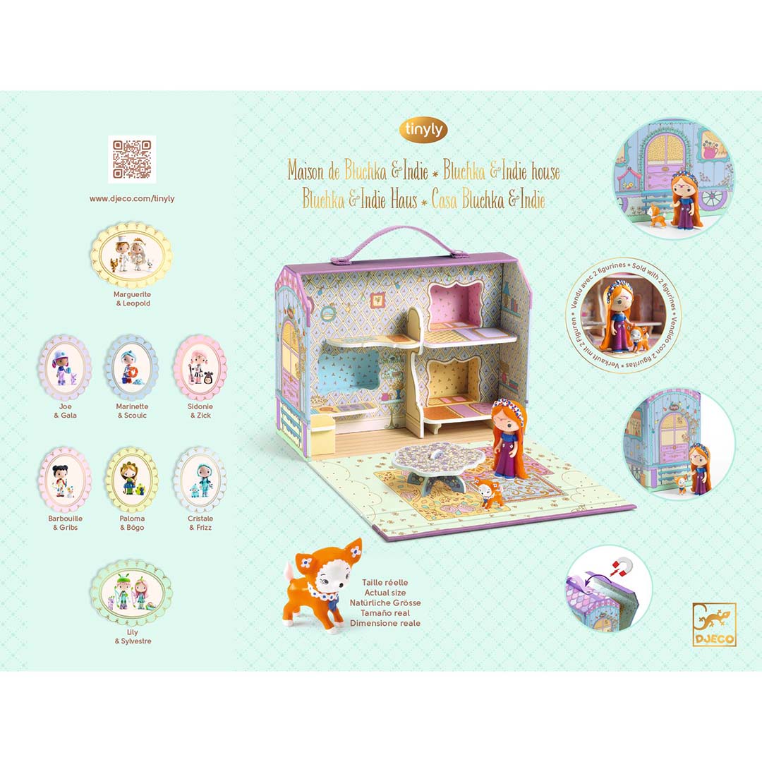 Een infographic van het Djeco Tinyly draagbaar poppenhuis met details over de inhoud en andere figuren.