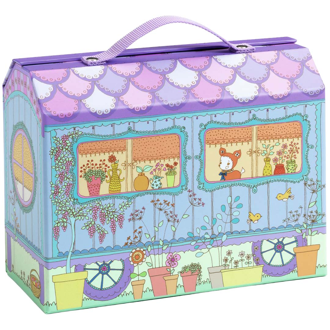 Djeco Tinyly draagbaar poppenhuis, dichtgeklapt als een koffer, met een gebloemd patroon en ramen.