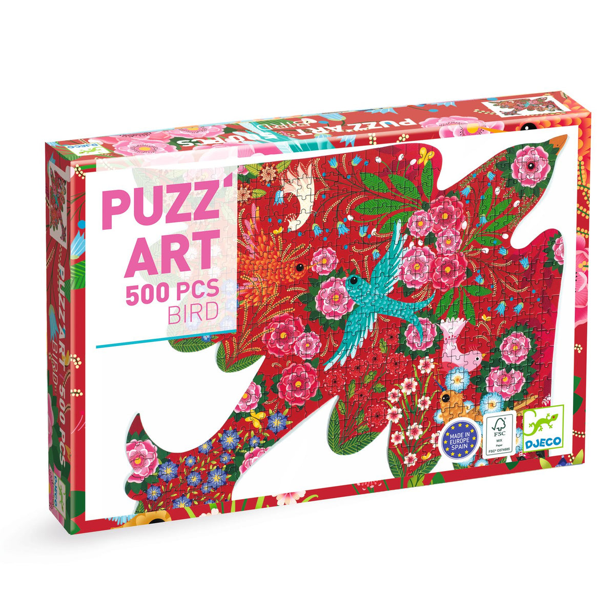 De verpakking van de Djeco Puzz'Art vogel contourpuzzel met het bloemenpatroon.