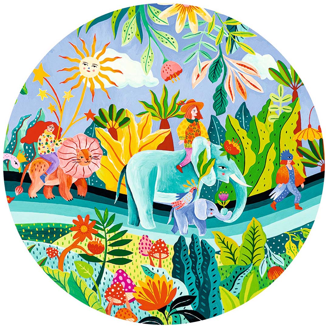 Rond detail van de Djeco 'La Fiesta' legpuzzel met een illustratie van een olifant, leeuw en mensen in een kleurrijke jungle.