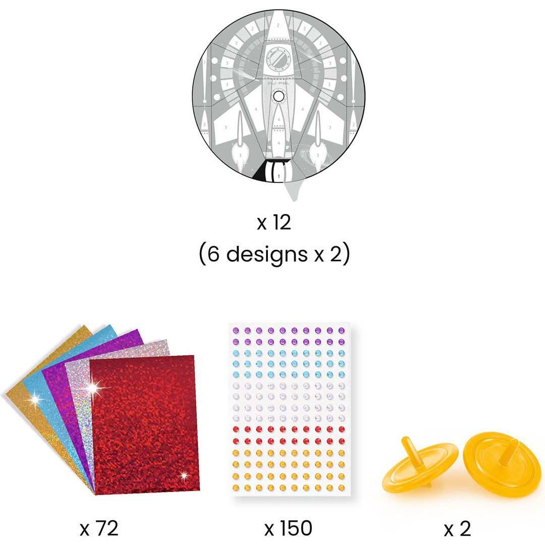 Infographic met de inhoud van de knutselset: blanco tollen, glitterpapier, stickers en tolvoetjes.