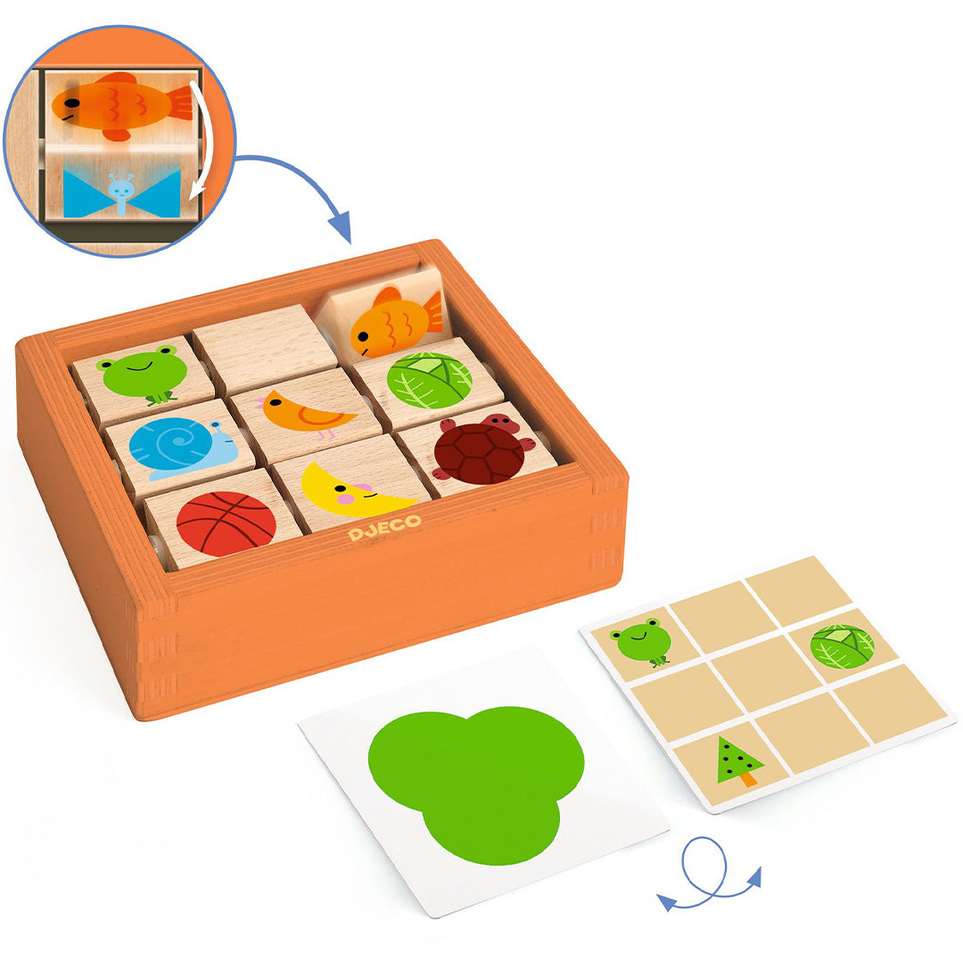 Djeco Primo Tri educatief sorteerspel met houten blokken met figuren en voorbeeldkaarten, inclusief detail van een draaibaar blokje.