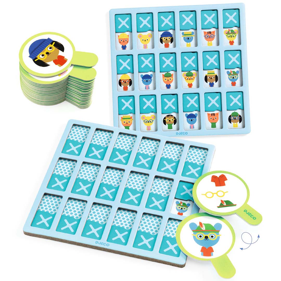 Djeco Detecto bordspel met twee spelborden, stapels ronde kaarten en vergrootglas-tokens.