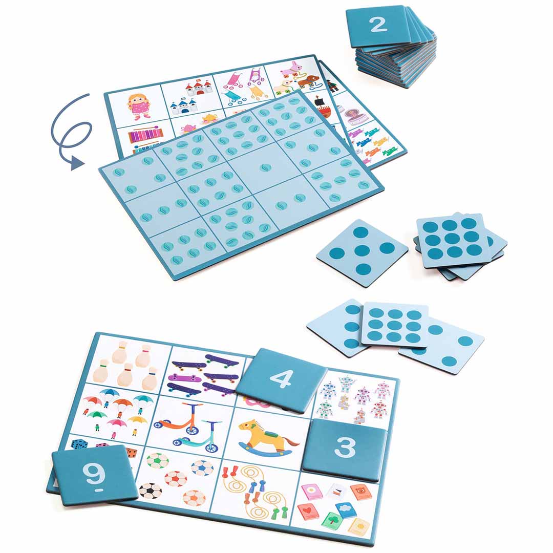 Overzicht van de Djeco Numero Bingo bingoset met speelborden, cijferkaarten en stippenkaarten.