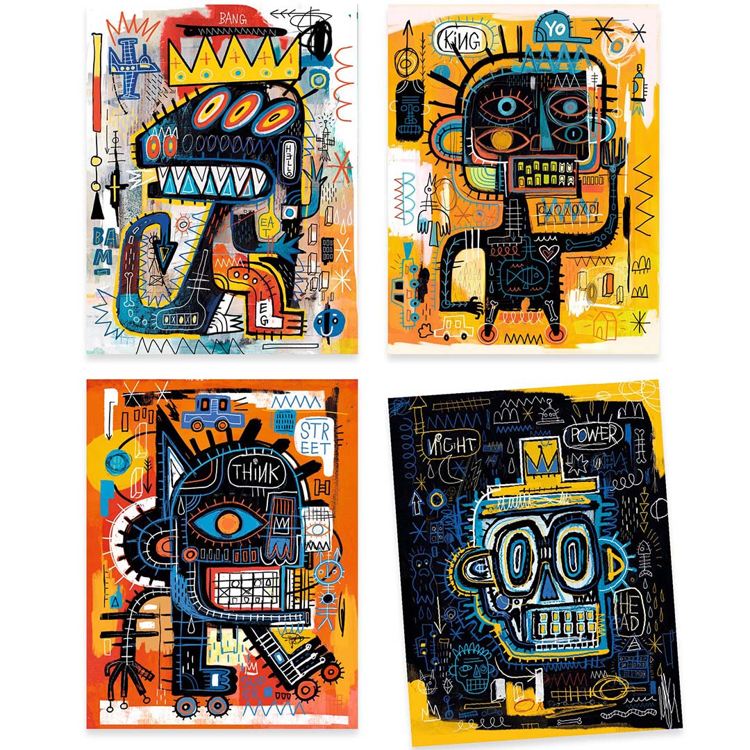 Vier verschillende, kleurrijke kunstwerken in Basquiat-stijl, gemaakt met de Djeco hobbyset.
