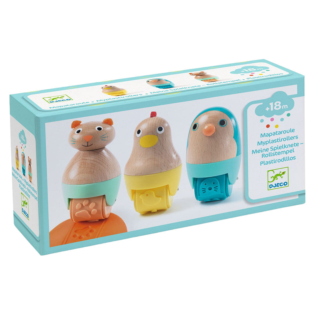 Djeco verpakking van de set met drie houten dieren stempelrollers.