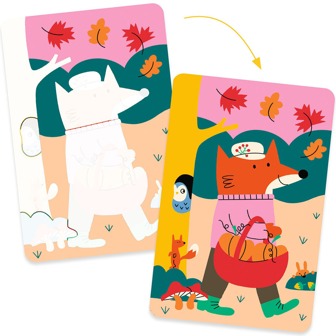 Twee Djeco magische kleurkaarten die de transformatie van een witte vos naar een gekleurde vos met herfstthema demonstreren.