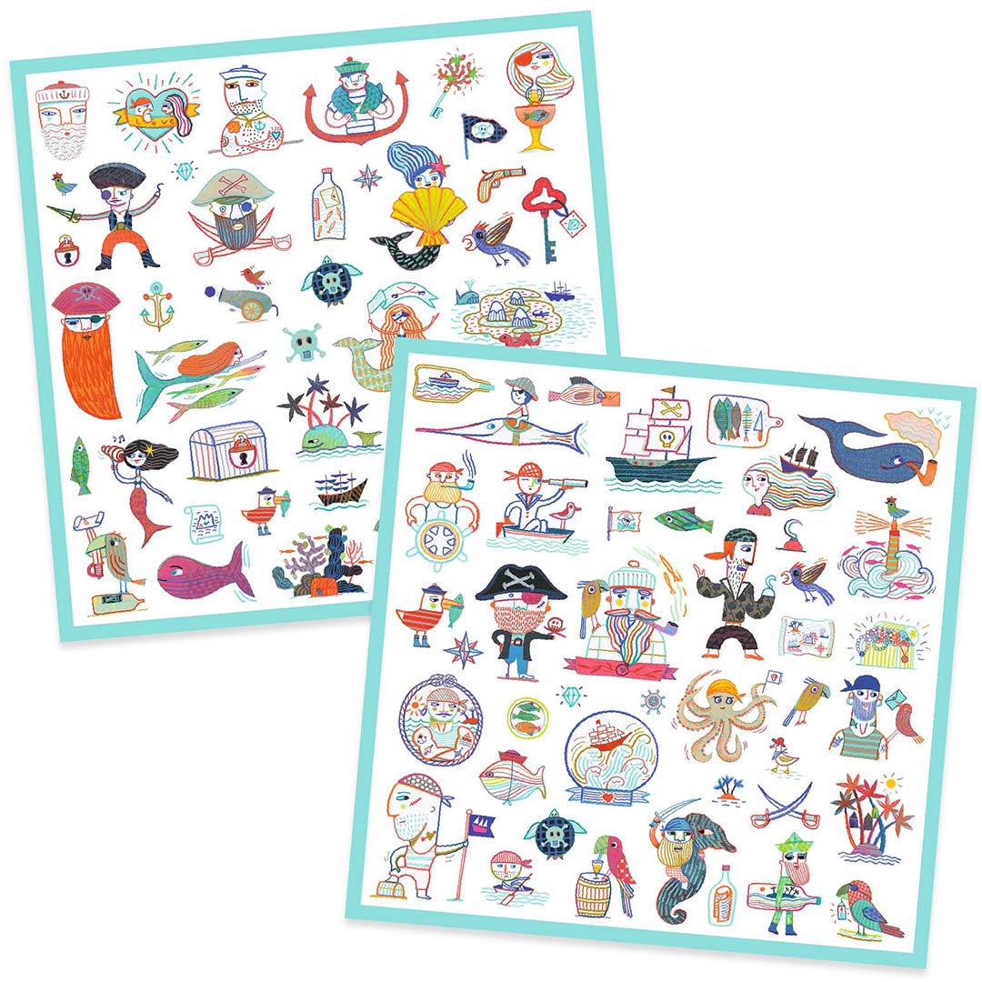 Twee vellen met diverse piraten- en zeethema stickers.