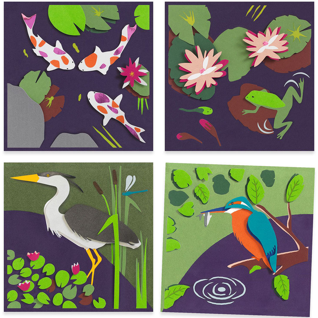Vier voltooide 3D-afbeeldingen van de Djeco knutselset met waterdieren zoals koikarpers, een kikker, een reiger en een ijsvogel.