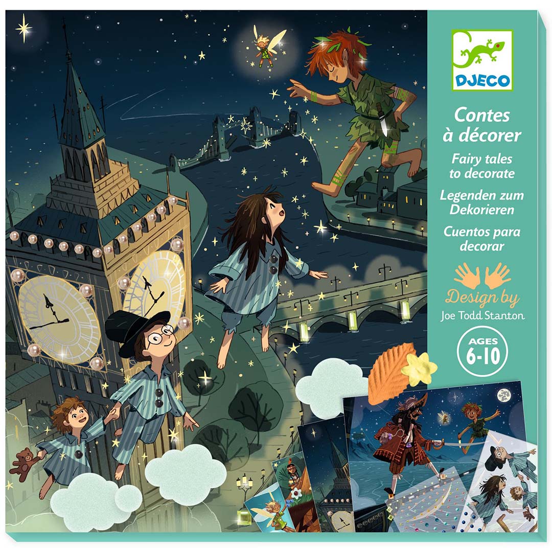 Verpakking van de Djeco knutselset 'Contes à décorer' met een illustratie van Peter Pan en kinderen die over Londen vliegen.