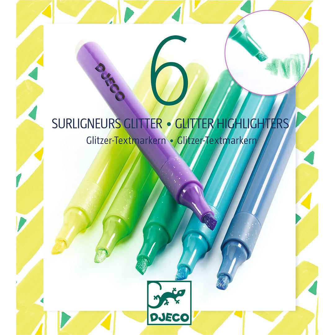 Zes Djeco glitter highlighters in verschillende kleuren, met een detail van een groene stift die glitter achterlaat.