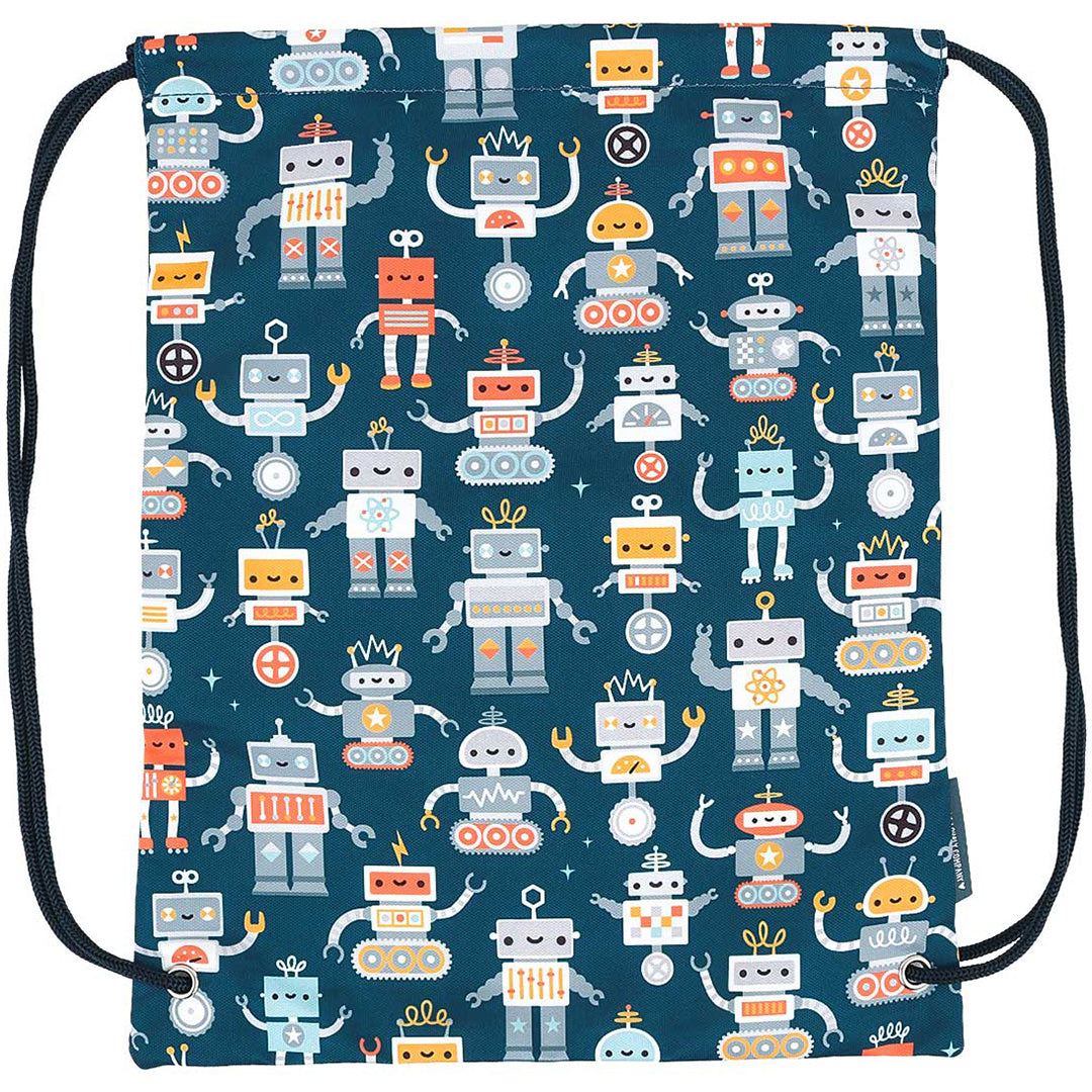 Bovenaanzicht van de a little lovely company gymtas met een gedetailleerd robotpatroon.