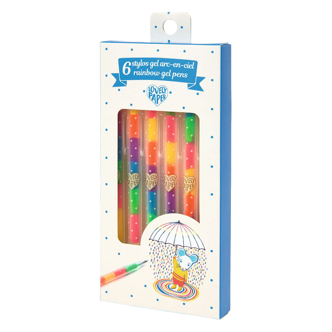 Djeco regenboog gelpennen in de verpakking met een illustratie van een muisje onder een paraplu.