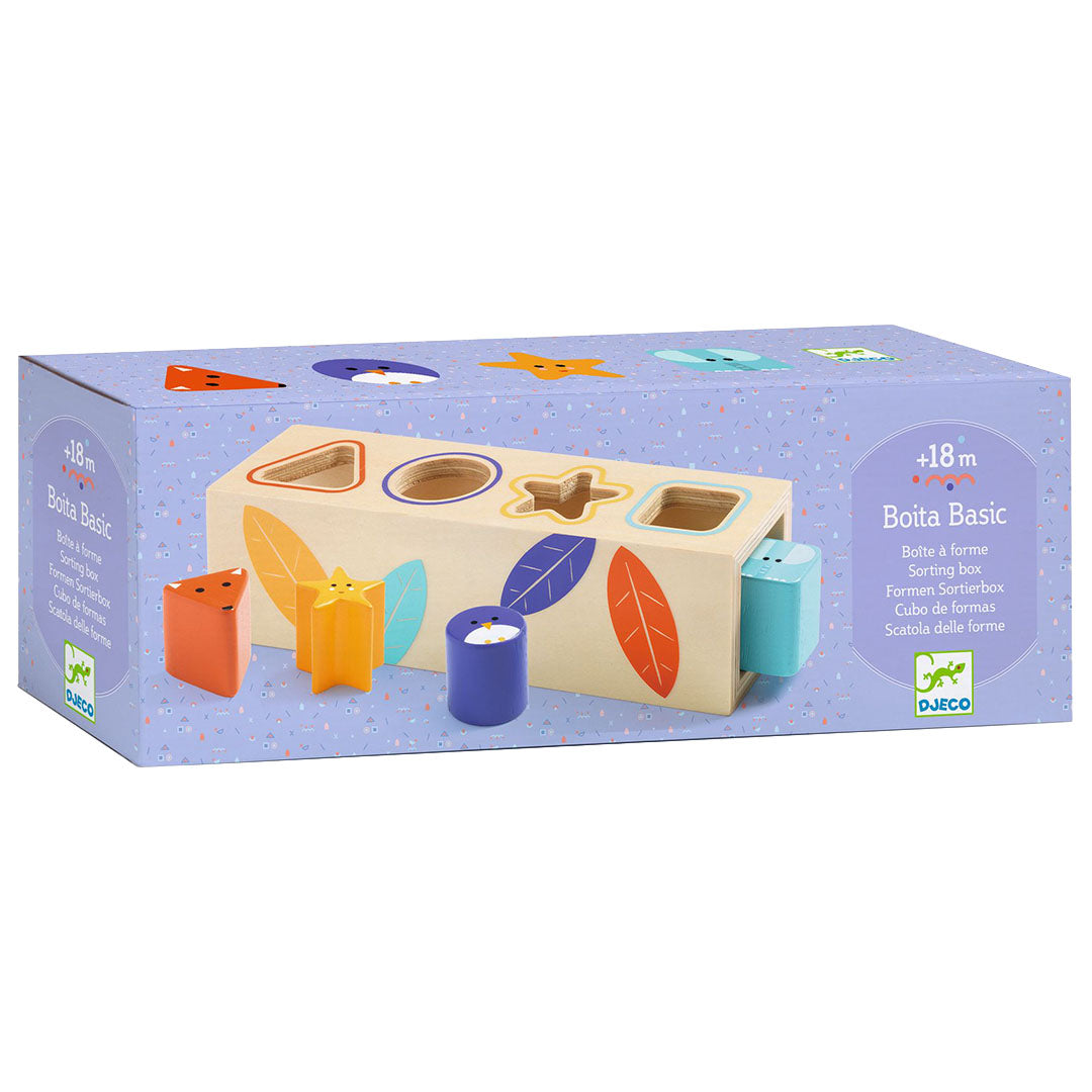 De verpakking van de Djeco houten vormenstoof Boita Basic.