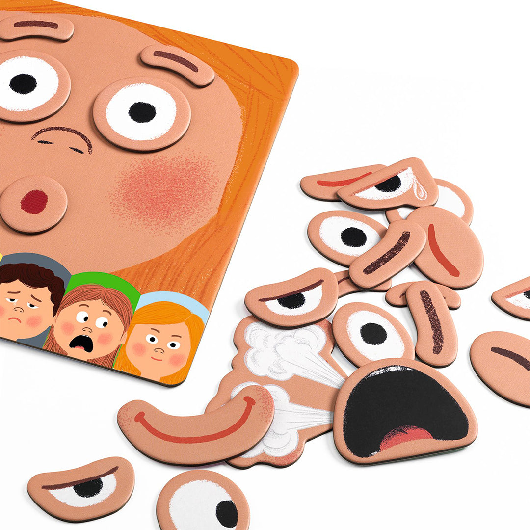 Detail van het Djeco Emotico educatief spel met magnetische gezichtsdelen en emotiekaarten.