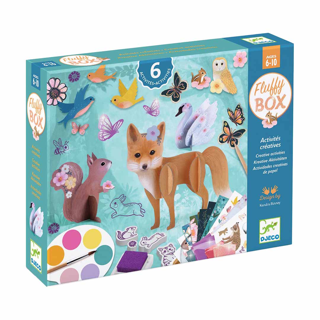 Djeco Fluffy Box knutselset verpakking met illustraties van bosdieren en knutselmaterialen.