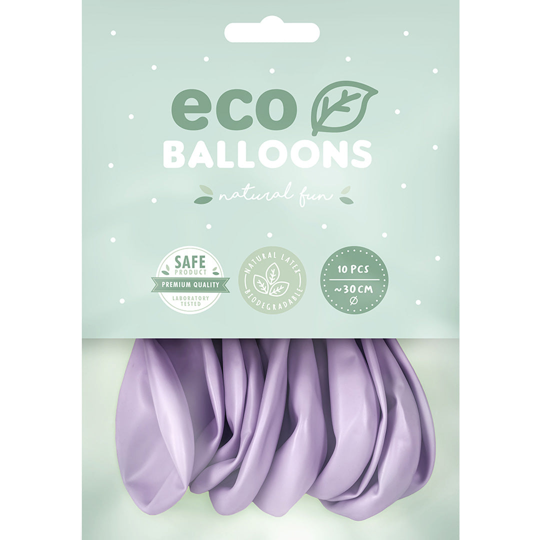 Verpakking van Partydeco eco lila ballonnen, met de tekst 'natural fun'.