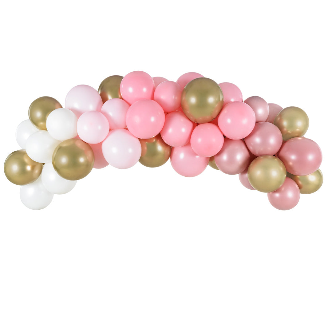 Ballonnenslinger van partydeco met metallic roze, goudkleurige en witte ballonnen.