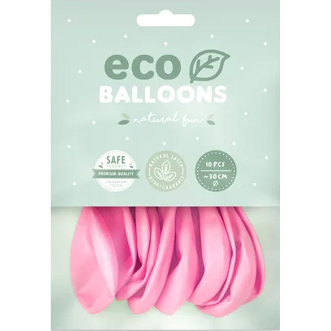 Verpakking van partydeco eco ballonnen met tien onopgeblazen roze ballonnen.