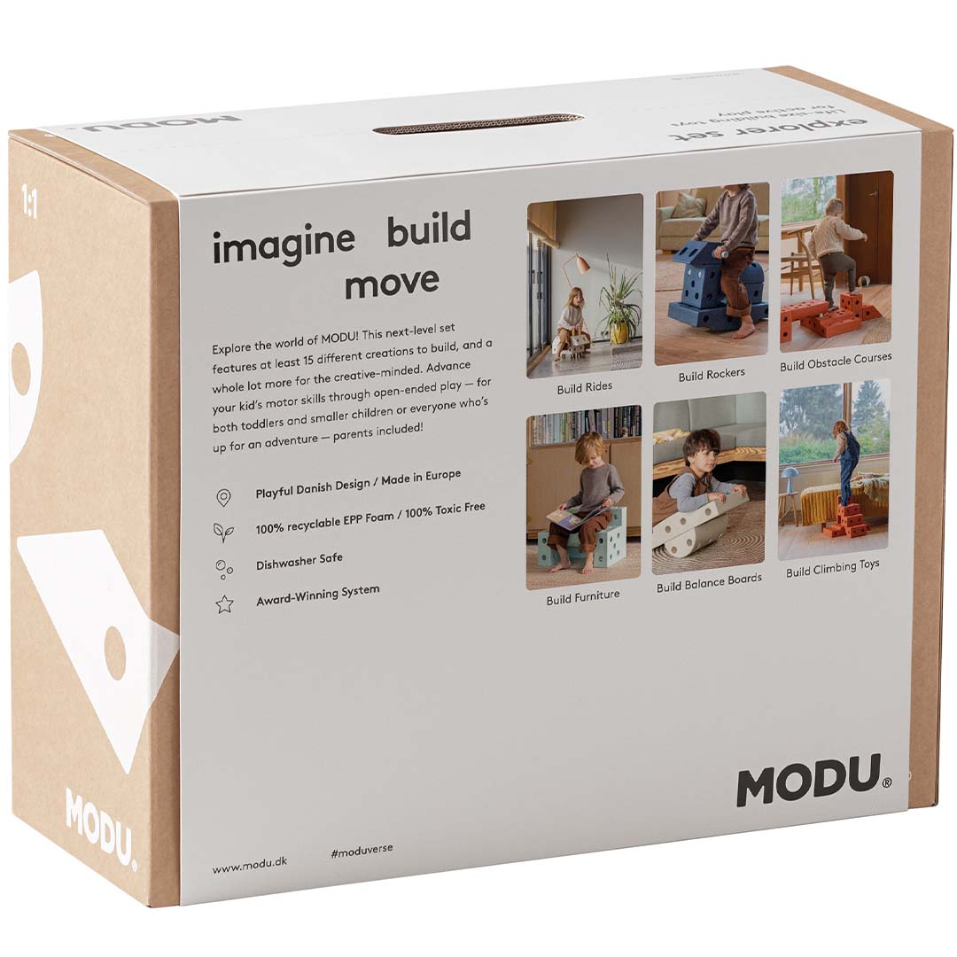 De achterkant van de Modu Explorer Set verpakking met voorbeelden van bouwwerken en speelmogelijkheden.