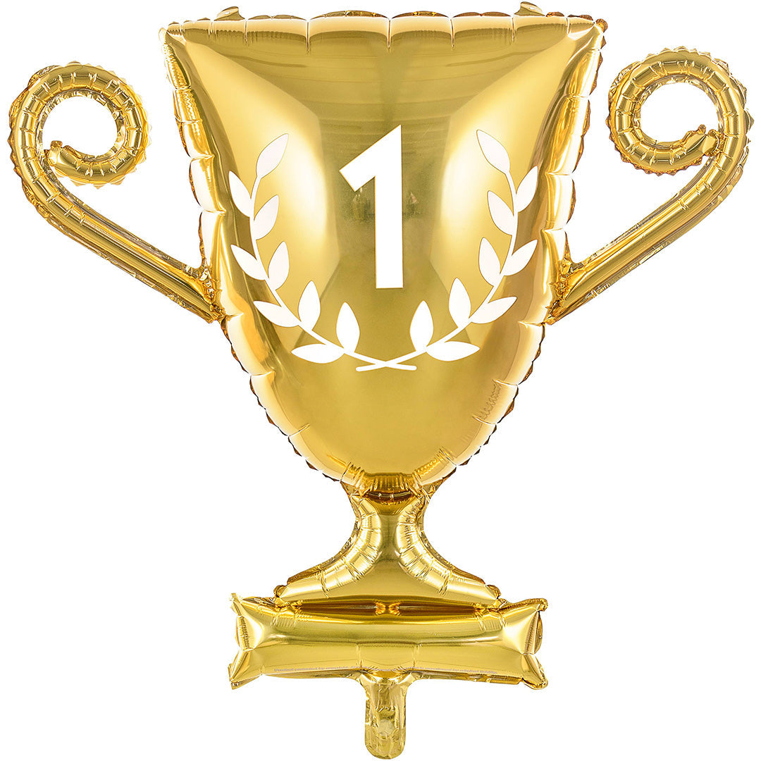 Partydeco gouden folieballon in de vorm van een trofee met het nummer 1 en een lauwerkrans.