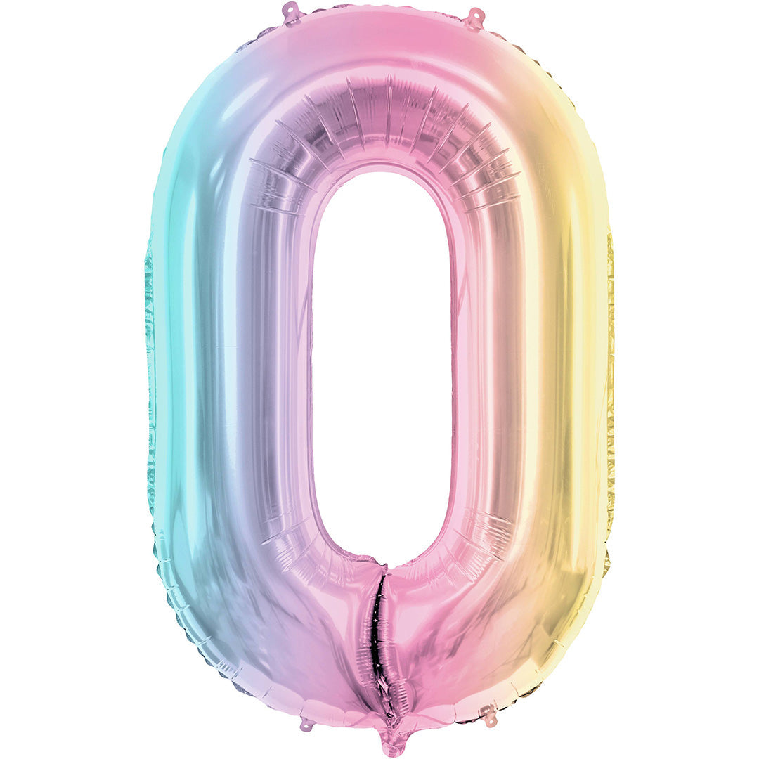 Partydeco cijferballon '0' in pastel regenboogkleuren.
