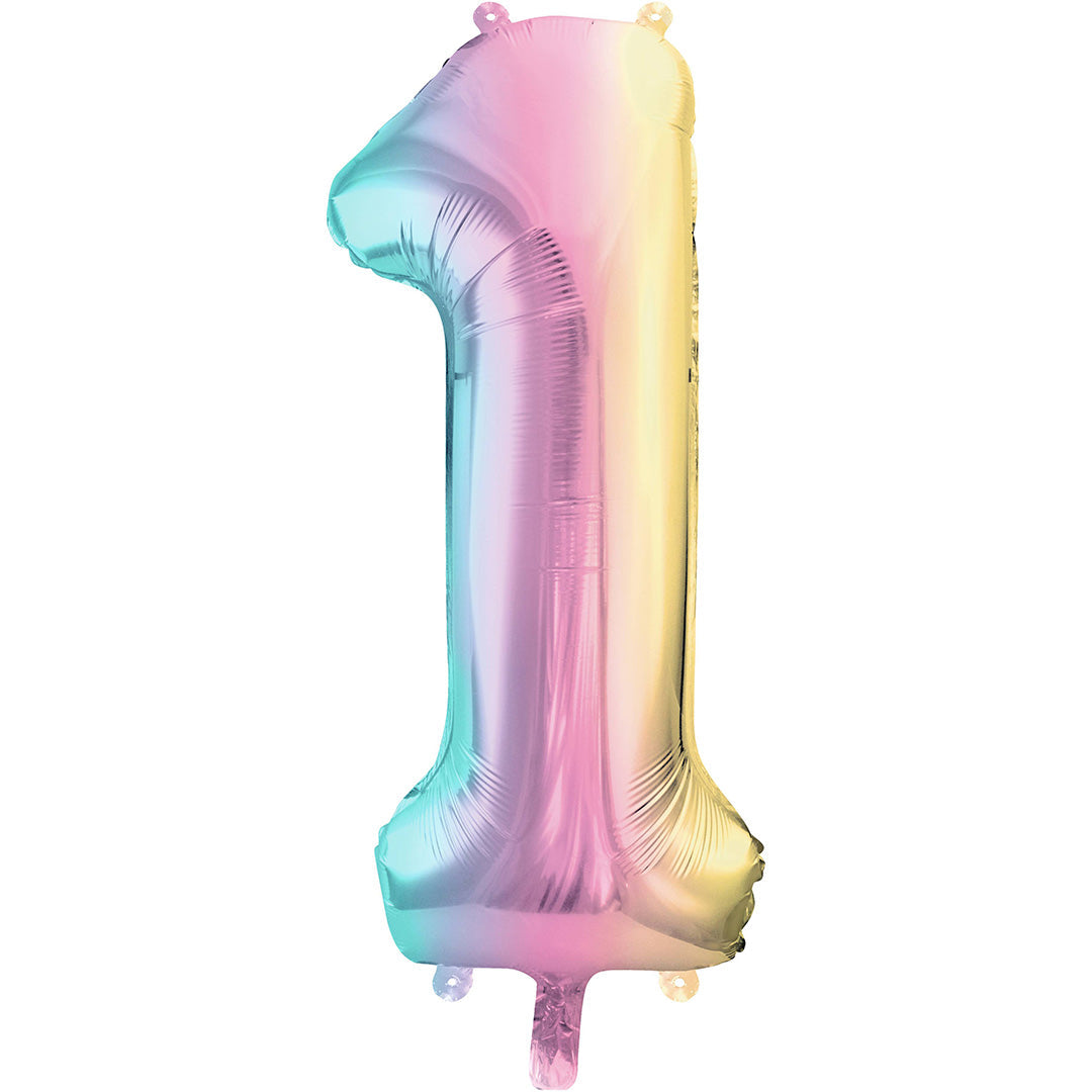 Partydeco cijferballon in de vorm van het getal 1 met een pastel regenboogkleur.