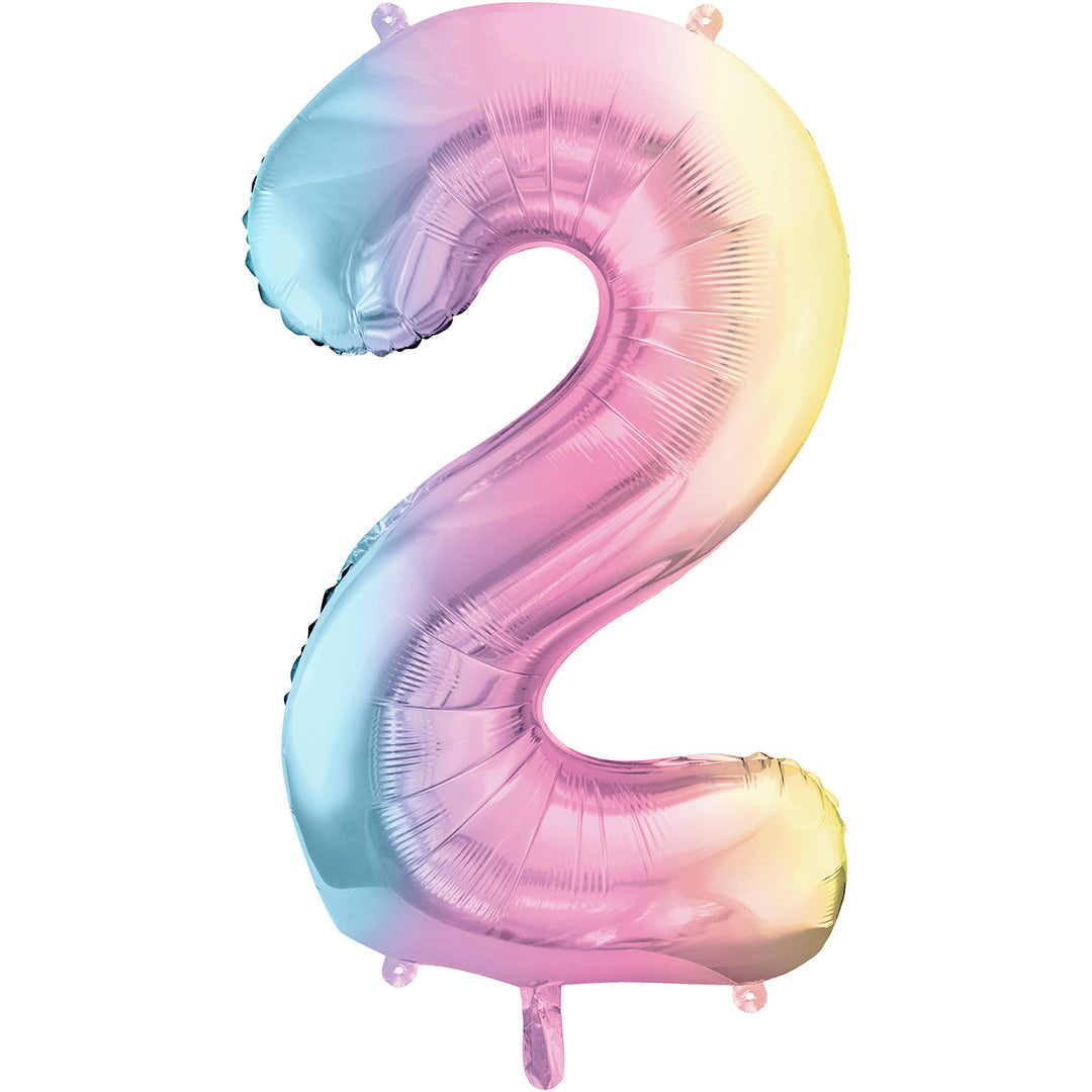 Partydeco cijferballon 2 in pastel regenboogkleuren.