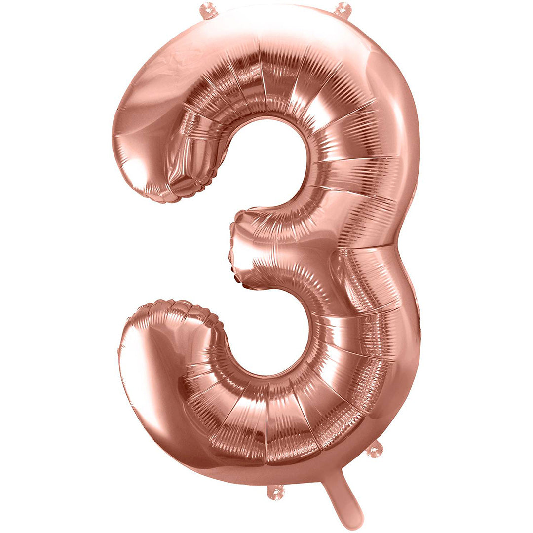 Partydeco roségouden cijferballon in de vorm van het cijfer 3.