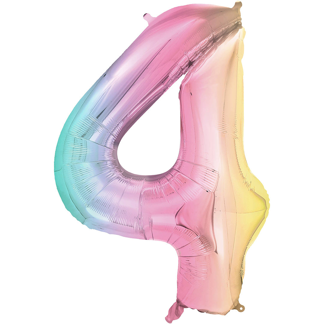 Partydeco pastel regenboog cijferballon in de vorm van het getal 4.