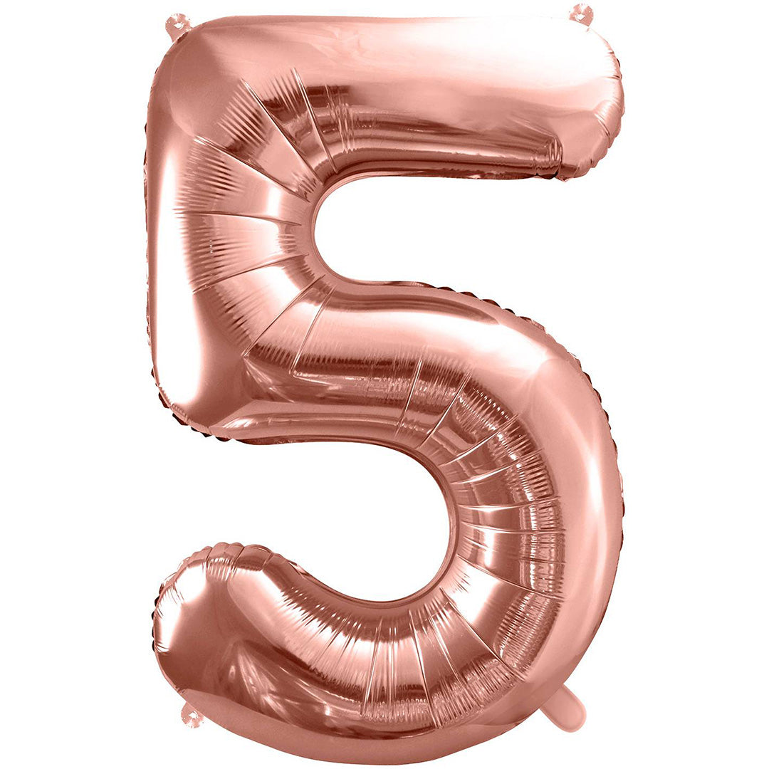 Partydeco roségouden cijferballon in de vorm van een 5.