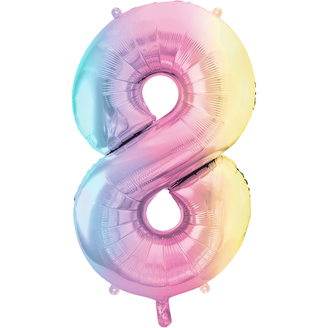 Partydeco cijferballon 8 in pastel regenboogkleuren.