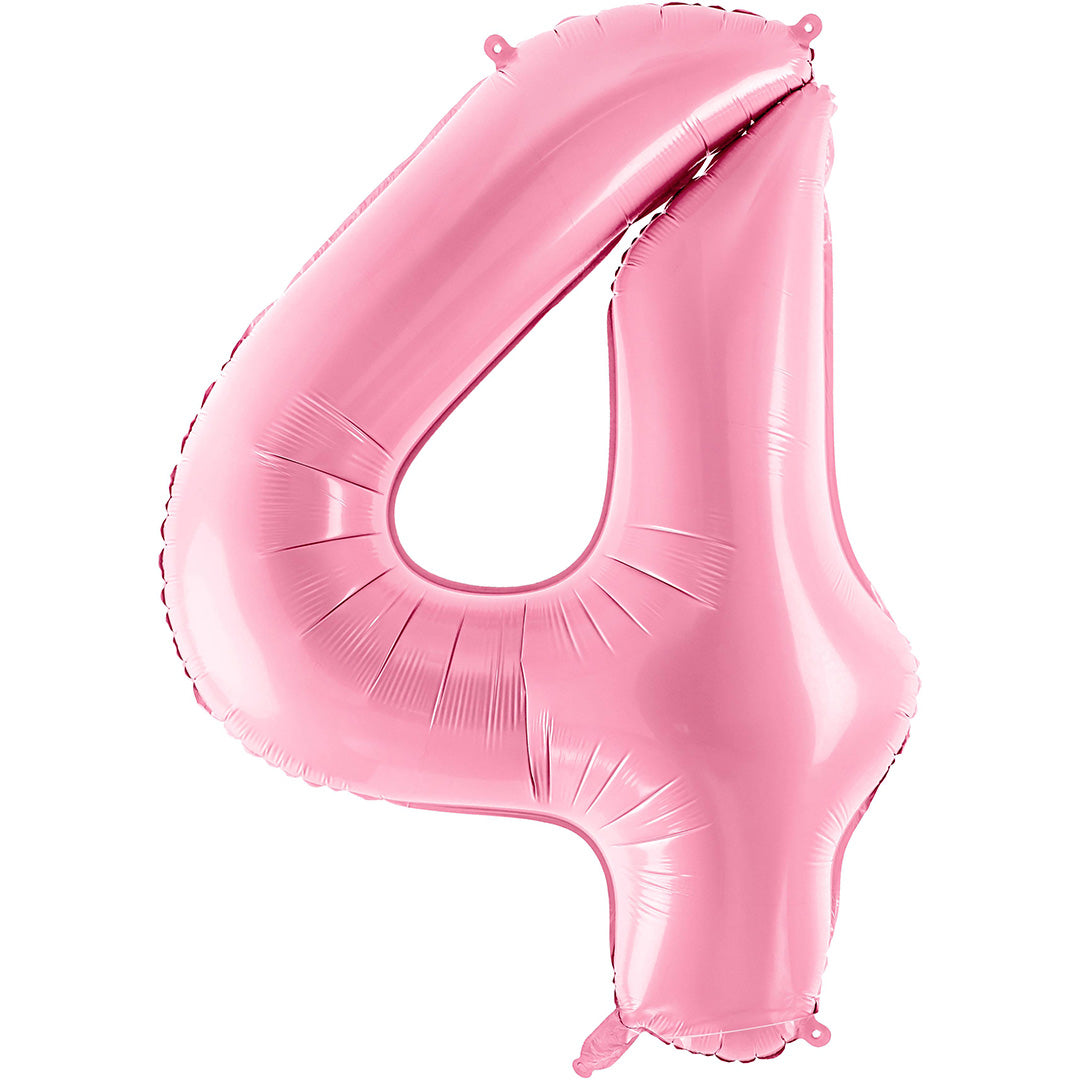 Partydeco roze cijferballon in de vorm van het getal 4 op een witte achtergrond.