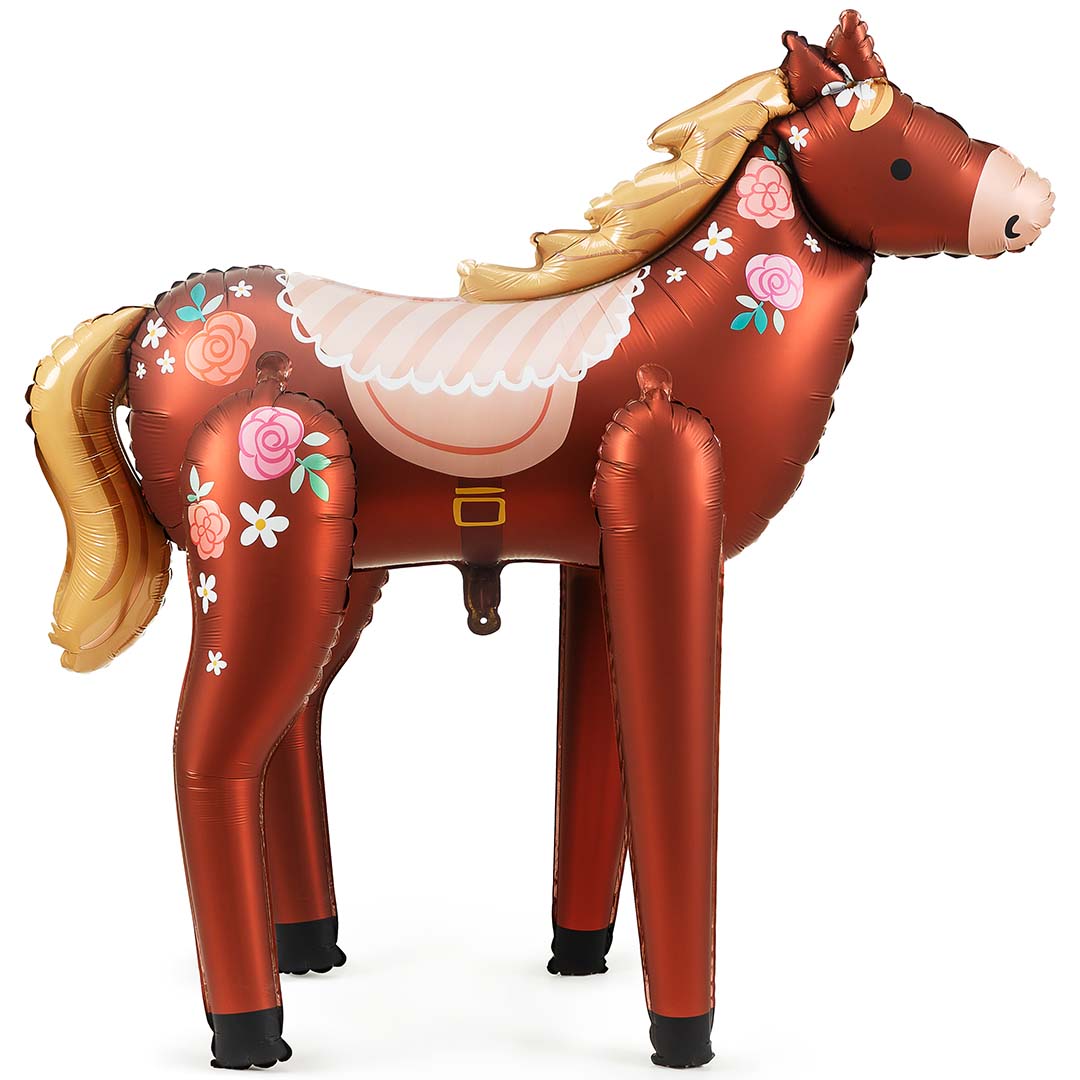 Partydeco folieballon van een bruin paard met bloemen en een zadel.