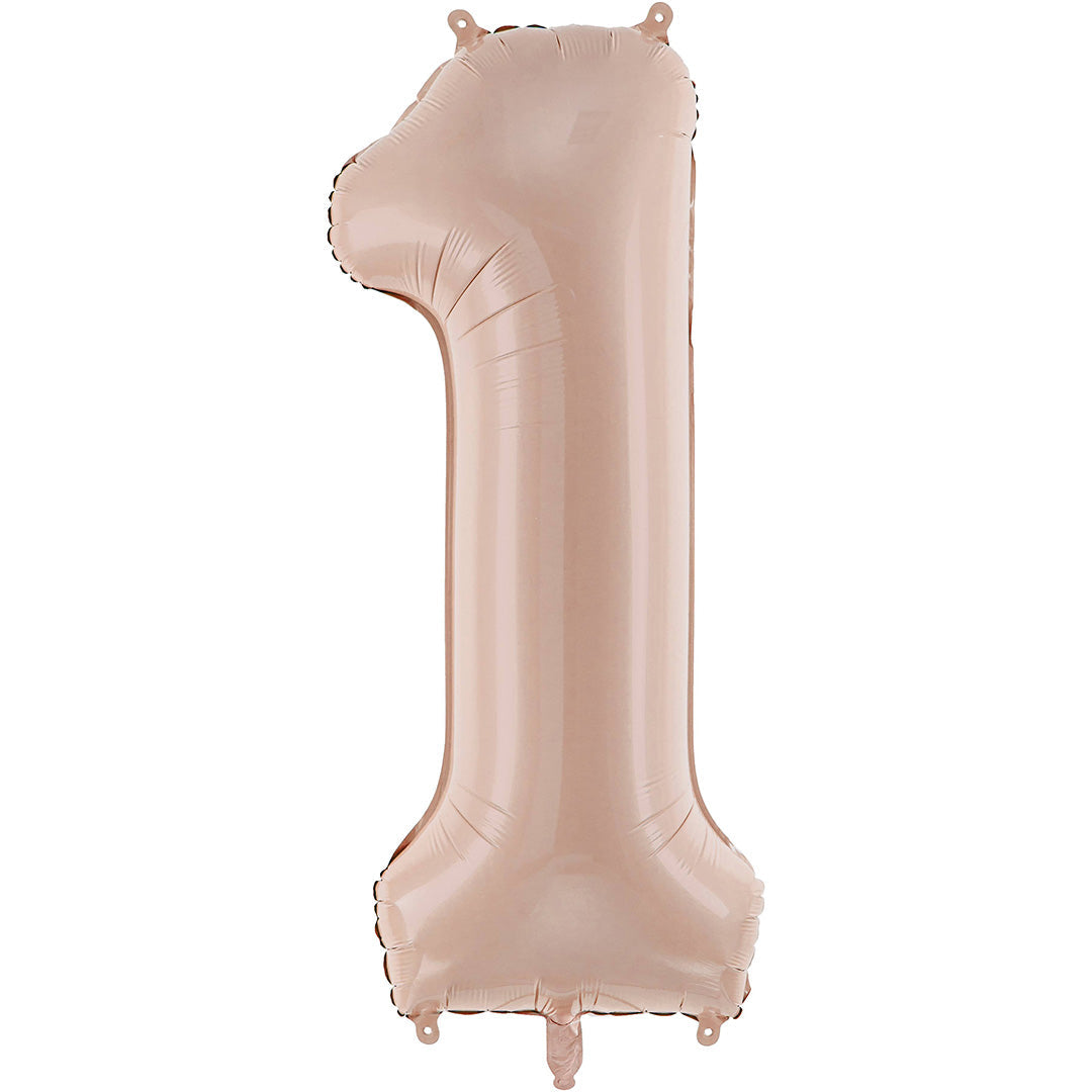 Partydeco roségouden cijferballon in de vorm van het cijfer 1.