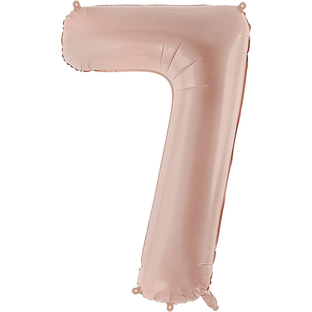 Partydeco roségouden cijferballon in de vorm van het getal 7.