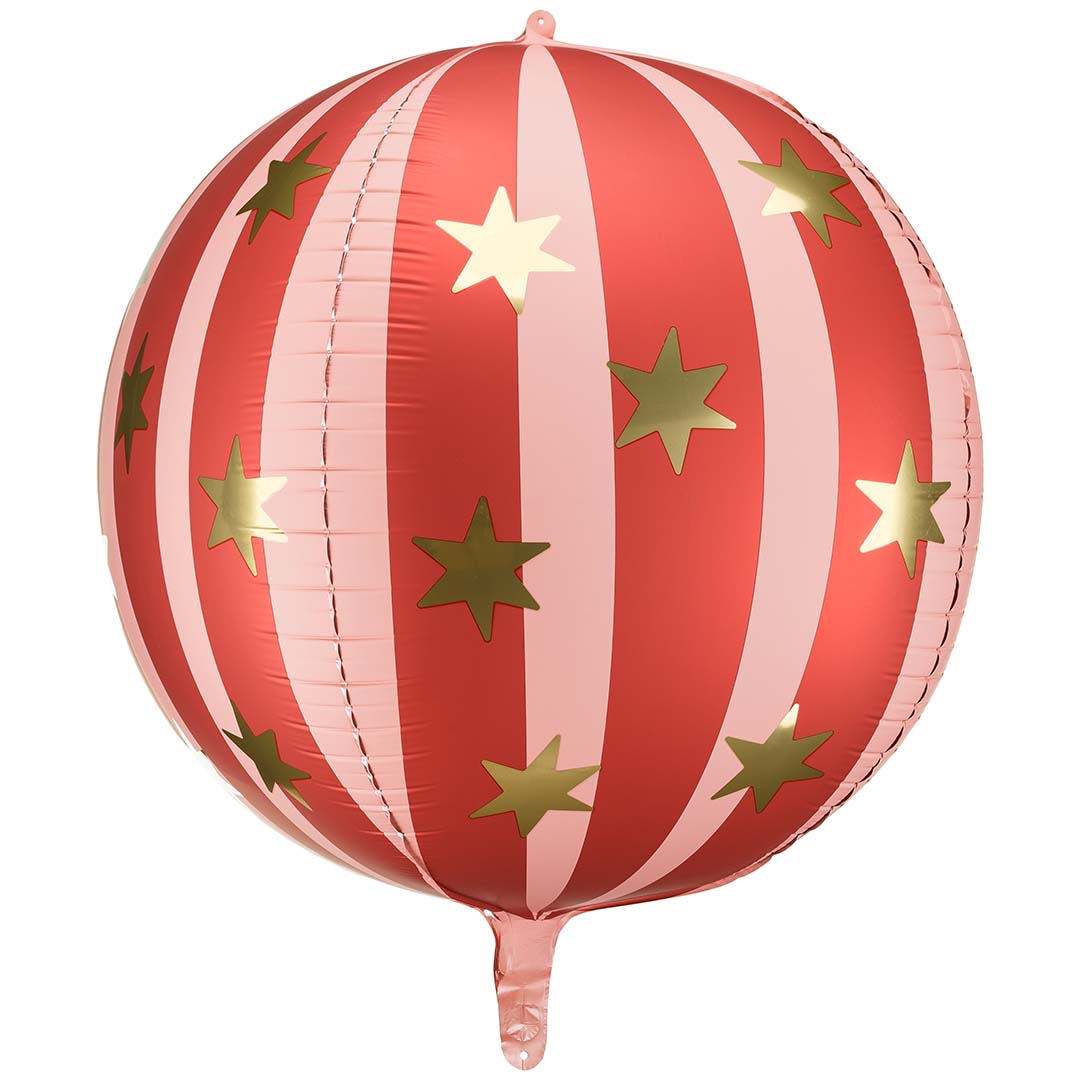 partydeco ronde folieballon met rode en lichtroze strepen en gouden sterren.