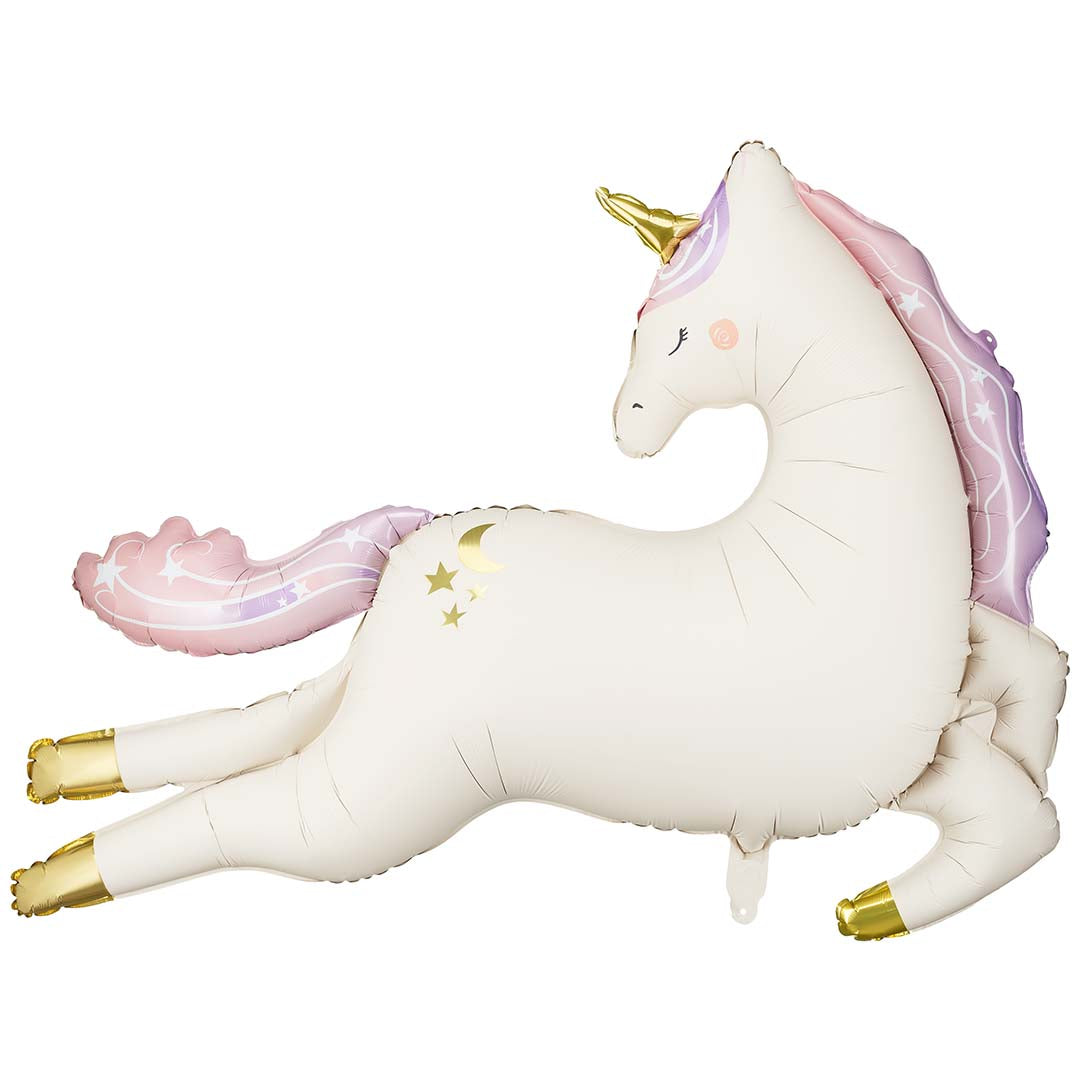 Partydeco folieballon in de vorm van een witte eenhoorn met gouden hoorn en roze manen.
