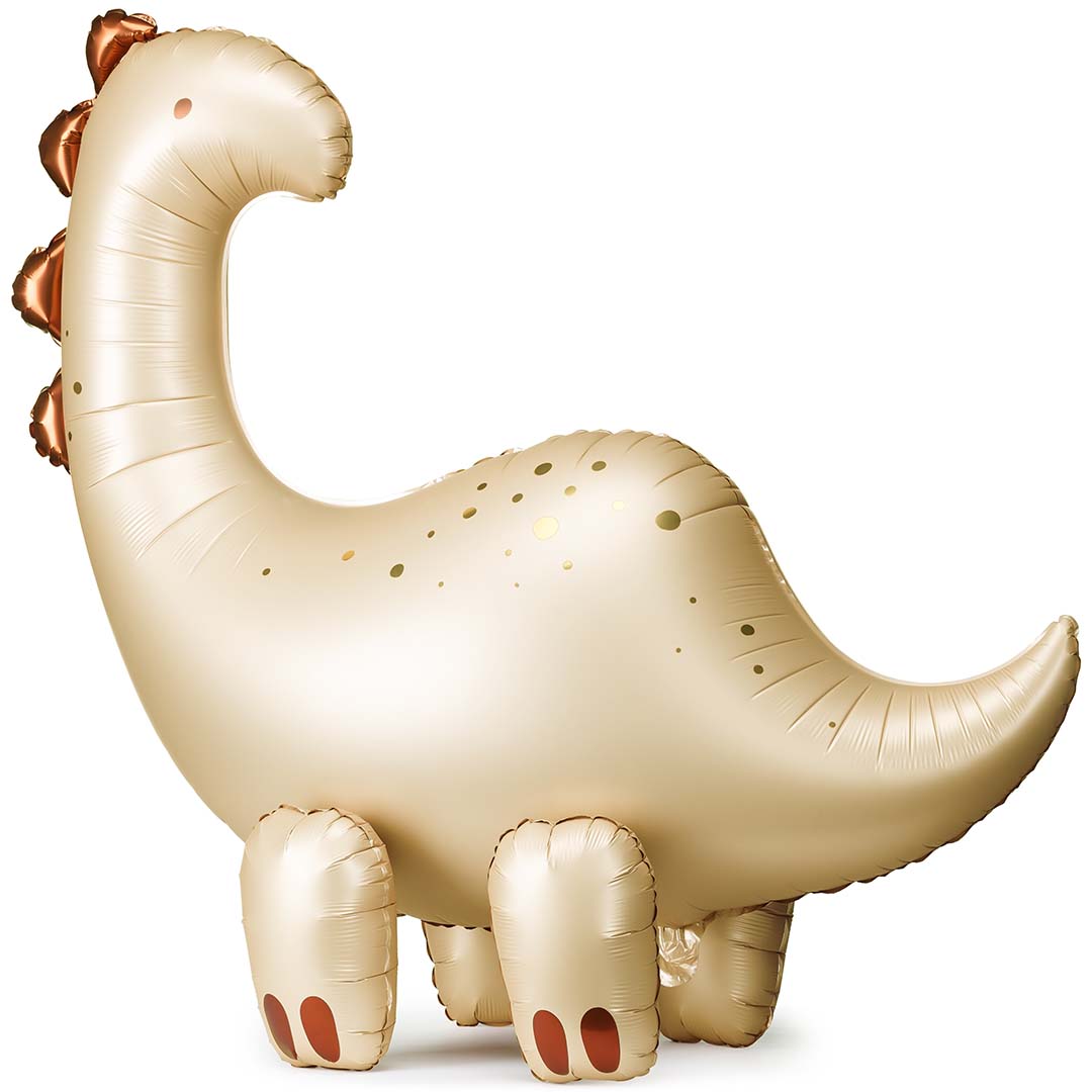 Partydeco folieballon in de vorm van een beige brontosaurus met gouden stippen en koperkleurige stekels.