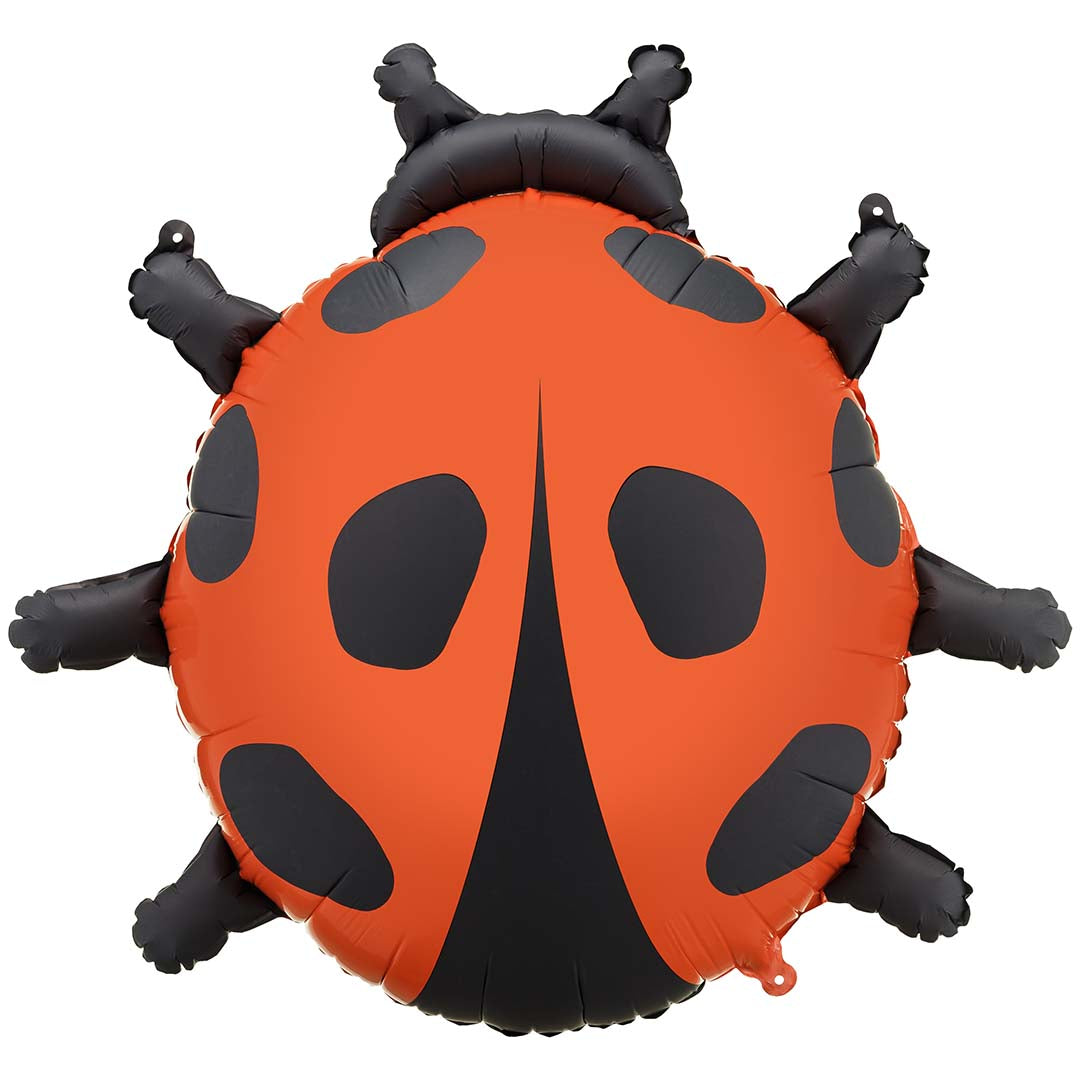 Partydeco folieballon in de vorm van een oranje lieveheersbeestje met zwarte stippen.