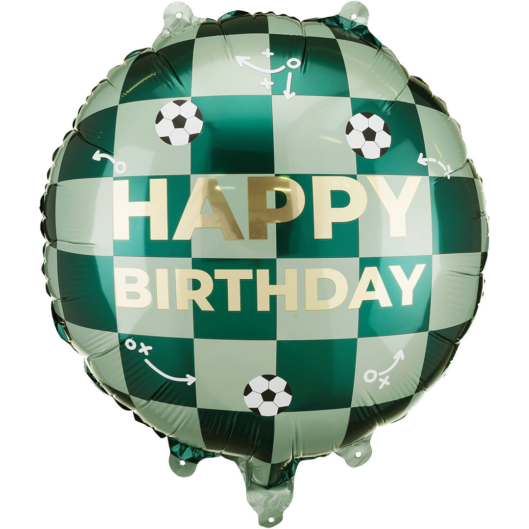 partydeco ronde folieballon met groen geruit patroon, voetbalafbeeldingen en de tekst 'Happy Birthday'.