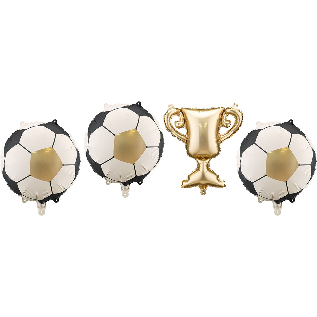 PartyDeco folieballonnen set met drie voetbalballonnen en één gouden trofee.